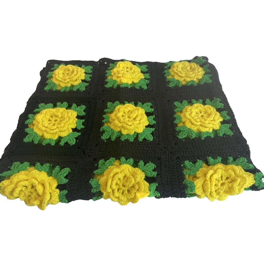 Vtg 70s Yellow Flower Sq. Crochet Afghan Sofa Throw Blanket 38" x 48" Grannycore